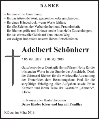 Traueranzeige von Adelbert Schönherr  von Magdeburger Volksstimme
