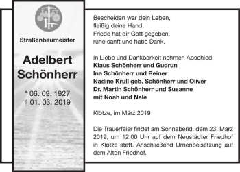 Traueranzeige von Adelbert Schönherr  von Magdeburger Volksstimme