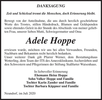 Traueranzeige von Adele Hoppe  von Magdeburger Volksstimme
