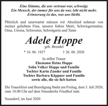 Traueranzeige von Adele Hoppe (geb. Brendel)  von Magdeburger Volksstimme