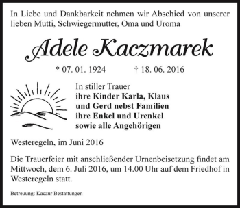Traueranzeige von Adele Kaczmarek  von Magdeburger Volksstimme