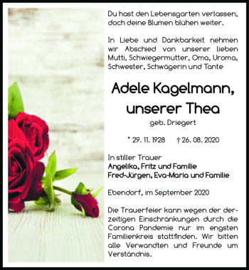 Traueranzeige von Adele Kagelmann 