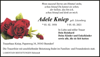 Traueranzeige von Adele Kniep (geb. Litzenberg)  von Magdeburger Volksstimme