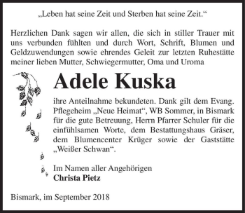 Traueranzeige von Adele Kuska  von Magdeburger Volksstimme
