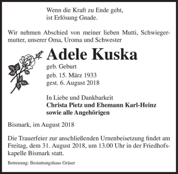 Traueranzeige von Adele Kuska (geb. Geburt)  von Magdeburger Volksstimme