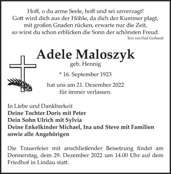 Traueranzeige von Adele Maloszyk (geb. Hennig)  von Magdeburger Volksstimme