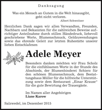 Traueranzeige von Adele Meyer  von Magdeburger Volksstimme