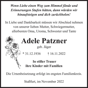 Traueranzeige von Adele Patzner (geb. Jäger)  von Magdeburger Volksstimme