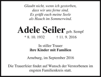 Traueranzeige von Adele Seiler (geb. Sempf)  von Magdeburger Volksstimme