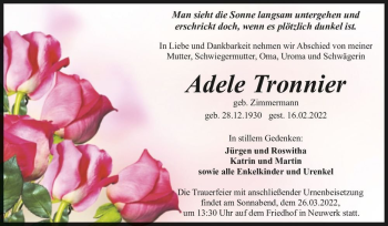 Traueranzeige von Adele Tronnier (geb. Zimmermann)  von Magdeburger Volksstimme
