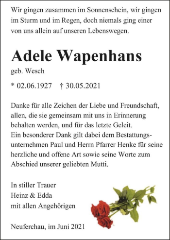 Traueranzeige von Adele Wapenhans (geb. Wesch)  von Magdeburger Volksstimme