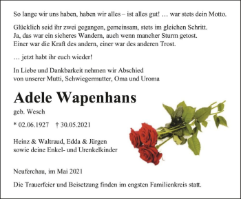 Traueranzeige von Adele Wapenhans (geb. Wesch)  von Magdeburger Volksstimme