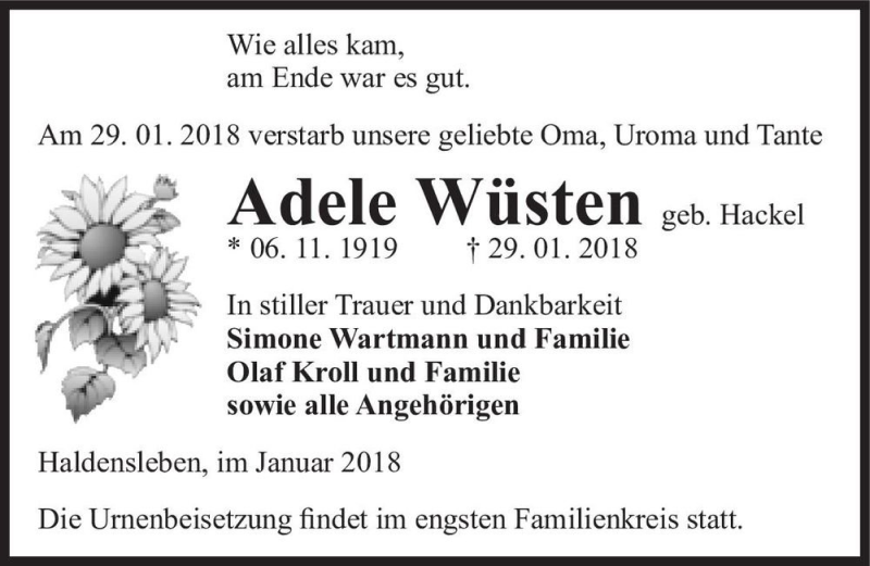  Traueranzeige für Adele Wüsten (geb. Hackel)  vom 03.02.2018 aus Magdeburger Volksstimme