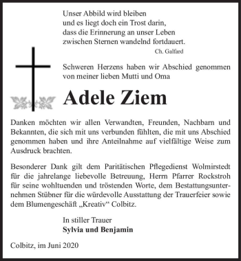 Traueranzeige von Adele Ziem  von Magdeburger Volksstimme