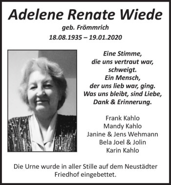 Traueranzeige von Adelene Renate Wiede (geb. Frömmrich)  von Magdeburger Volksstimme