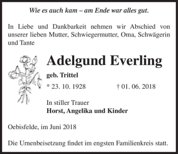 Traueranzeige von Adelgund Everling (geb. Trittel)  von Magdeburger Volksstimme