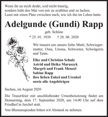 Traueranzeige von Adelgunde (Gundi) Rapp (geb. Schöne)  von Magdeburger Volksstimme