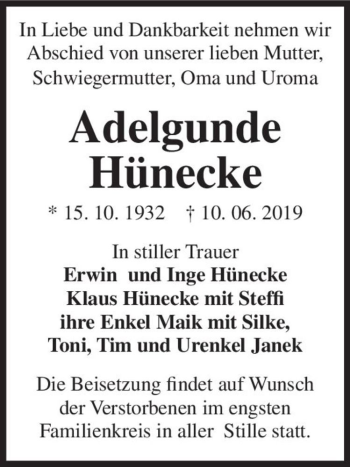 Traueranzeige von Adelgunde Hünecke  von Magdeburger Volksstimme