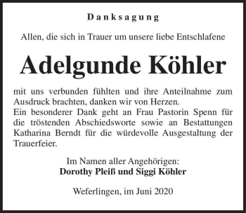 Traueranzeige von Adelgunde Köhler  von Magdeburger Volksstimme