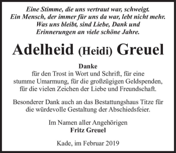 Traueranzeige von Adelheid (Heidi) Greuel  von Magdeburger Volksstimme