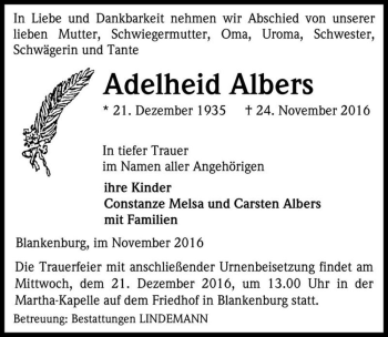 Traueranzeige von Adelheid Albers  von Magdeburger Volksstimme