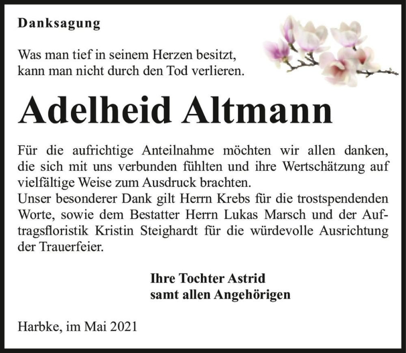  Traueranzeige für Adelheid Altmann  vom 22.05.2021 aus Magdeburger Volksstimme