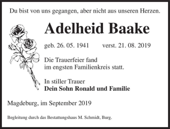 Traueranzeige von Adelheid Baake  von Magdeburger Volksstimme