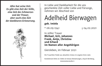 Traueranzeige von Adelheid Bierwagen (geb. Imiela)  von Magdeburger Volksstimme