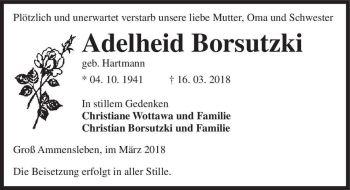 Traueranzeige von Adelheid Borsutzki (geb. Hartmann)  von Magdeburger Volksstimme