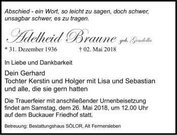 Traueranzeige von Adelheid Braune (geb. Gendolla)  von Magdeburger Volksstimme