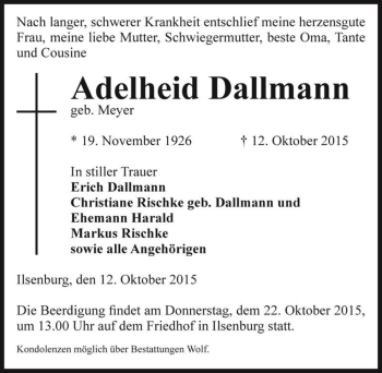 Traueranzeige von Adelheid Dallmann (geb. Meyer)  von Magdeburger Volksstimme