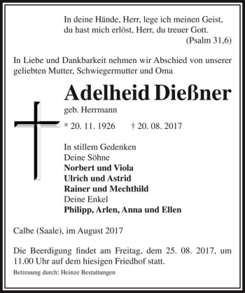 Traueranzeige von Adelheid Dießner (geb. Herrmann)  von Magdeburger Volksstimme