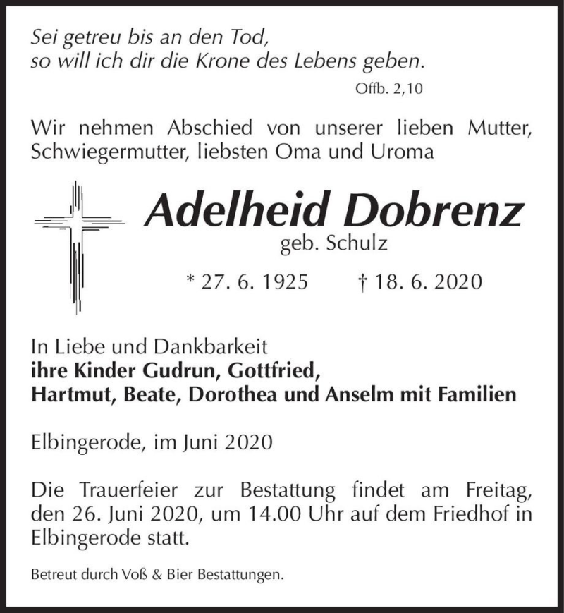  Traueranzeige für Adelheid Dobrenz (geb. Schulz)  vom 20.06.2020 aus Magdeburger Volksstimme