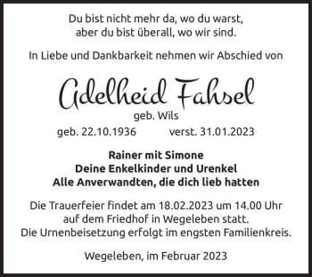 Traueranzeige von Adelheid Fahsel (geb. Wils)  von Magdeburger Volksstimme