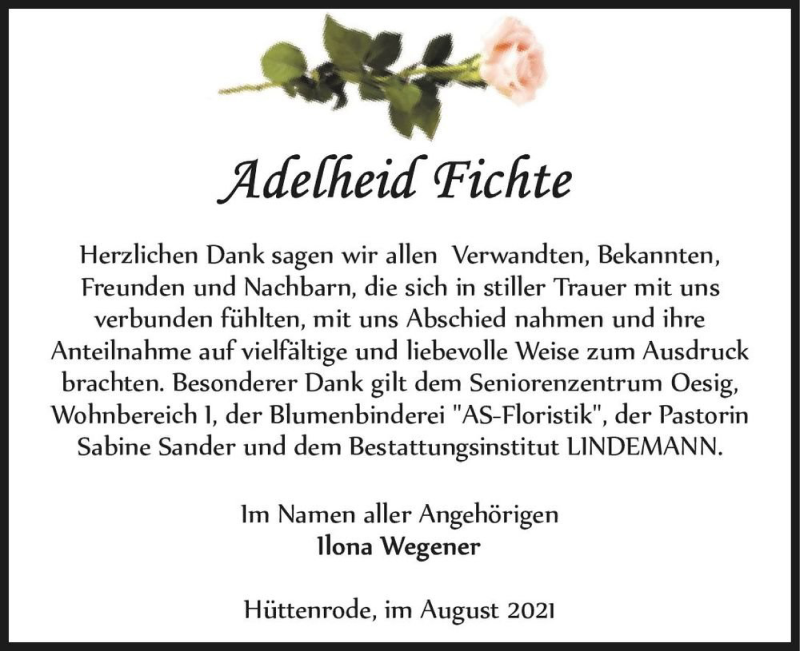  Traueranzeige für Adelheid Fichte  vom 21.08.2021 aus Magdeburger Volksstimme