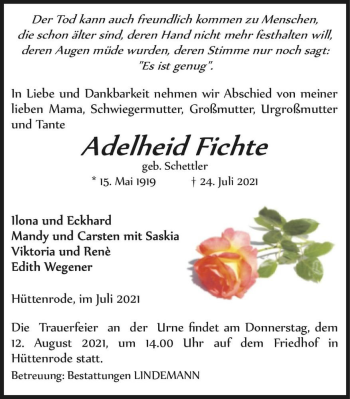 Traueranzeige von Adelheid Fichte (geb. Schettler)  von Magdeburger Volksstimme