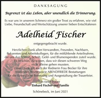 Traueranzeige von Adelheid Fischer  von Magdeburger Volksstimme