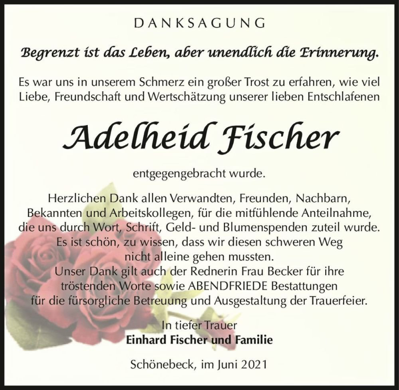  Traueranzeige für Adelheid Fischer  vom 19.06.2021 aus Magdeburger Volksstimme