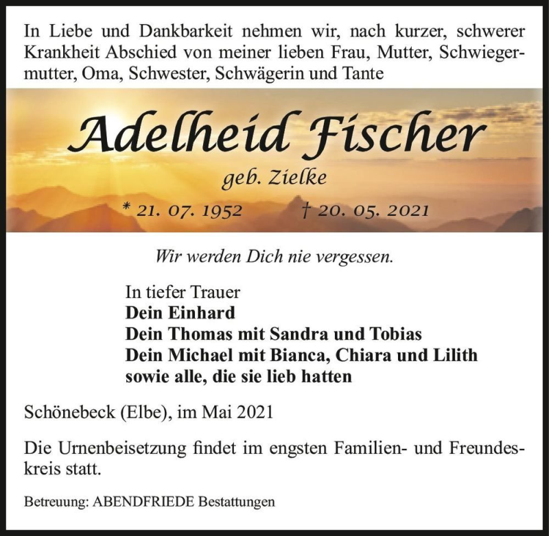  Traueranzeige für Adelheid Fischer (geb. Zielke)  vom 29.05.2021 aus Magdeburger Volksstimme
