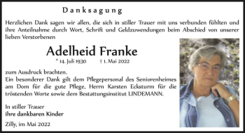 Traueranzeige von Adelheid Franke  von Magdeburger Volksstimme