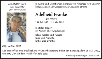 Traueranzeige von Adelheid Franke (geb. Nitsche)  von Magdeburger Volksstimme