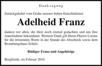 Traueranzeige von Adelheid Franz  von Magdeburger Volksstimme