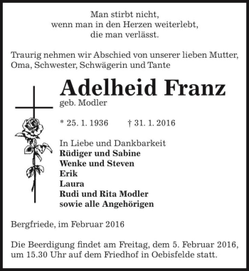 Traueranzeige von Adelheid Franz (geb. Modler)  von Magdeburger Volksstimme