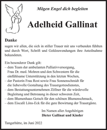 Traueranzeige von Adelheid Gallinat  von Magdeburger Volksstimme