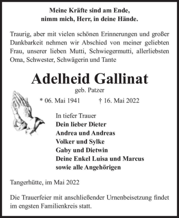 Traueranzeige von Adelheid Gallinat (geb. Patzer)  von Magdeburger Volksstimme