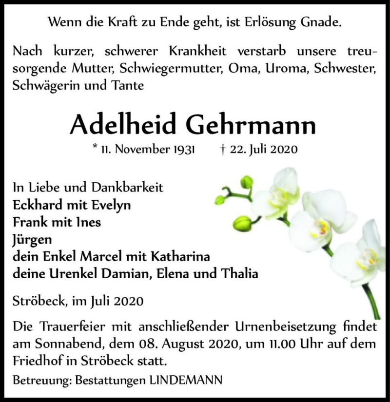  Traueranzeige für Adelheid Gehrmann  vom 01.08.2020 aus Magdeburger Volksstimme
