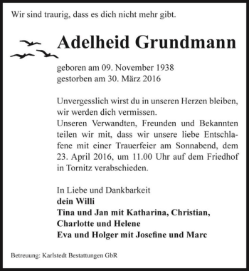 Traueranzeige von Adelheid Grundmann  von Magdeburger Volksstimme