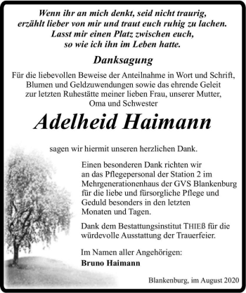 Traueranzeige von Adelheid Haimann  von Magdeburger Volksstimme