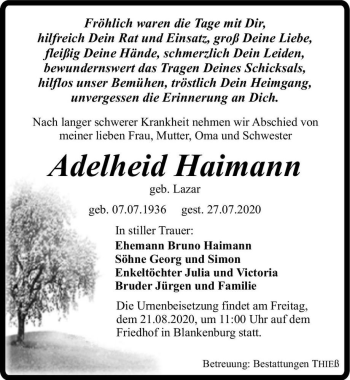 Traueranzeige von Adelheid Haimann (geb. Lazar)  von Magdeburger Volksstimme