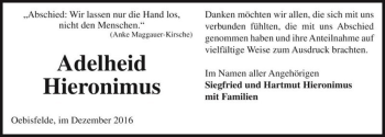 Traueranzeige von Adelheid Hieronimus  von Magdeburger Volksstimme